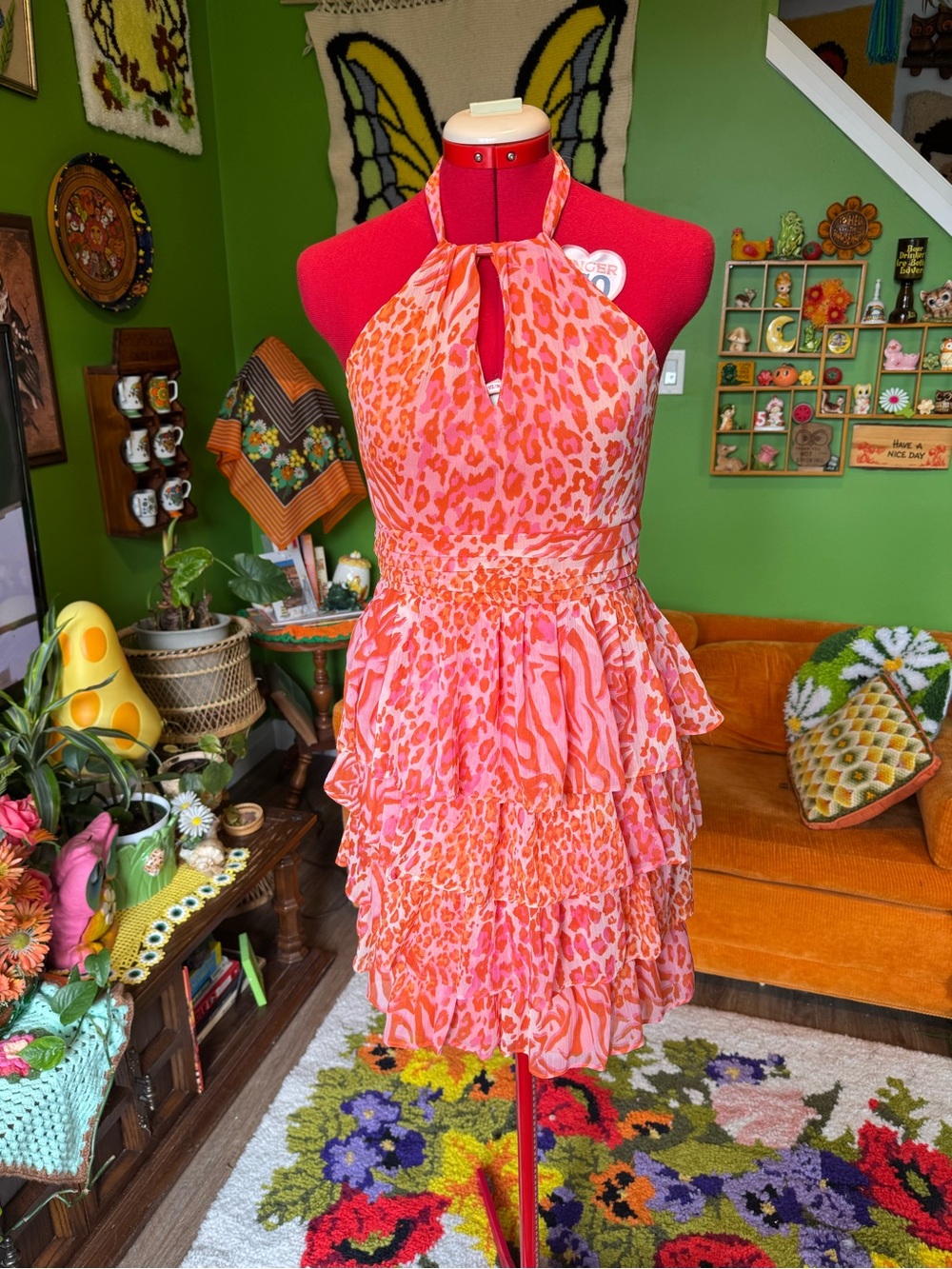 Smart Set Pink and Coral Animal Print Halter Ruffle Mini Dress